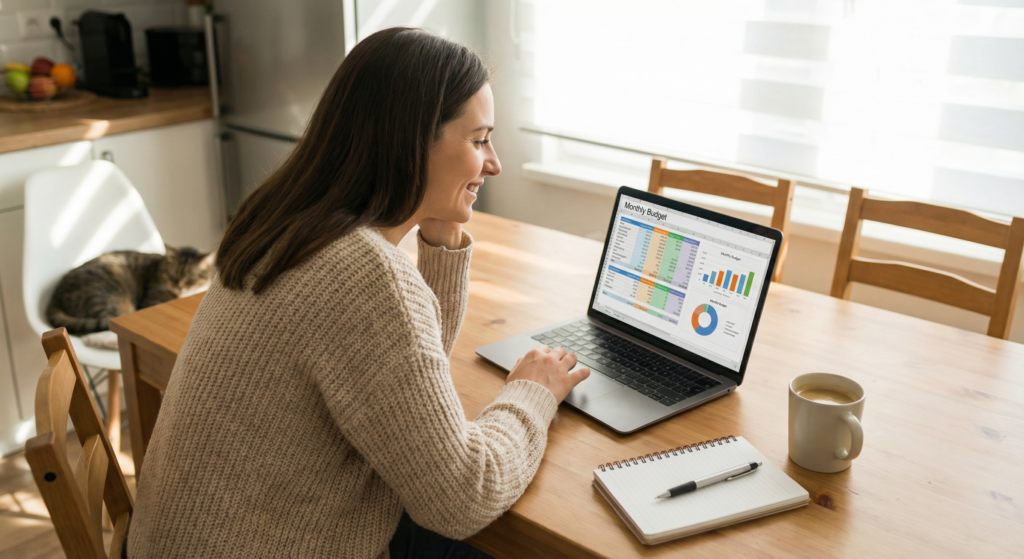 Person reviewing monthly budget spreadsheet at home